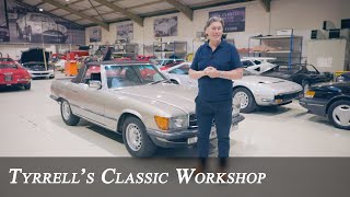 MercedesBenz W107 500 SL  A winning package  Tyrrells Classic Workshop [upl. by Faunie]